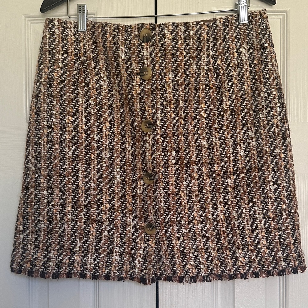 {Ann Taylor} Textured Brown Button-Front Tweed Mini Skirt